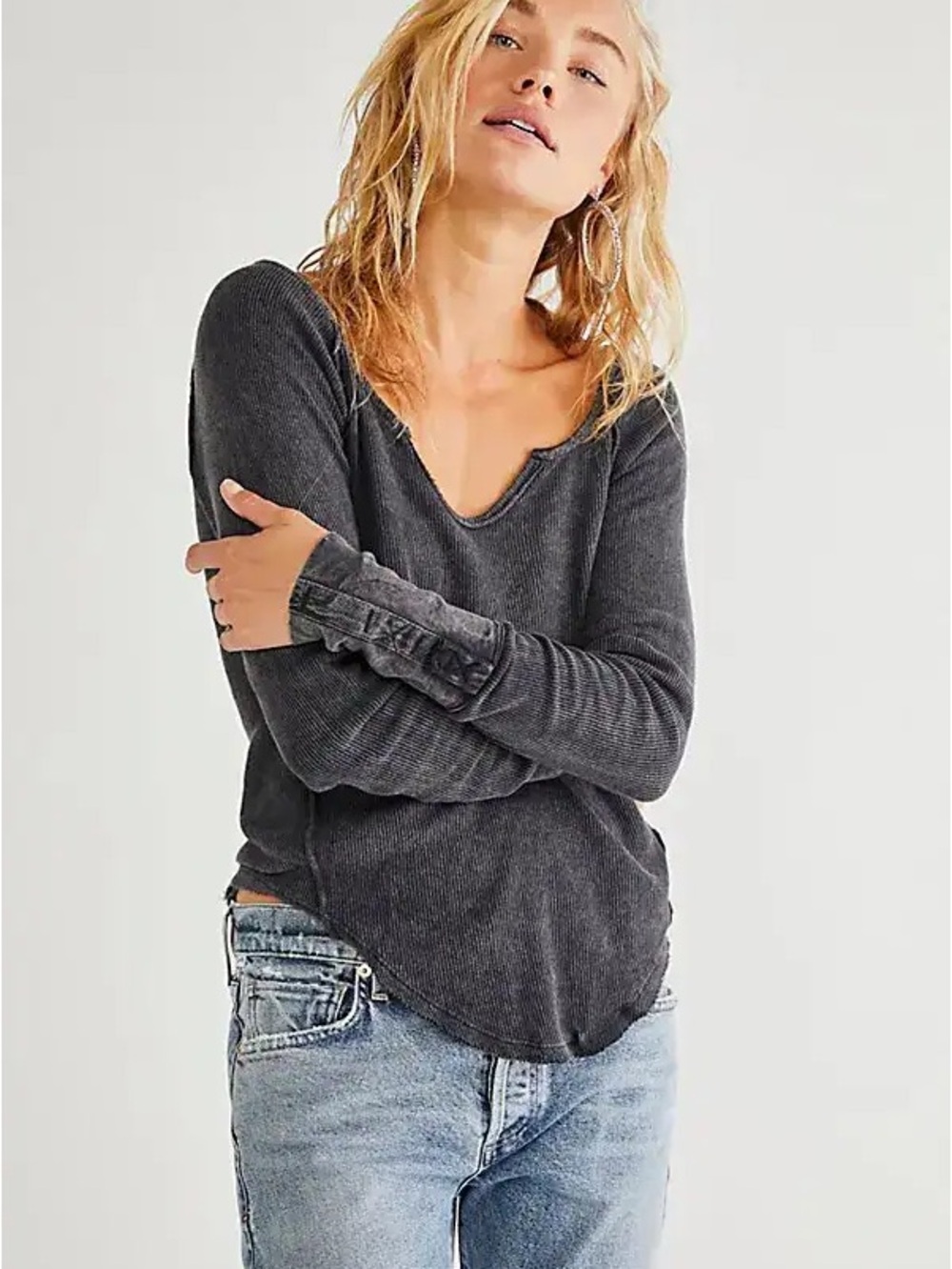 Free People We The Free Layer Up Tee Ribbed Long Sleeve Top Gray Medium